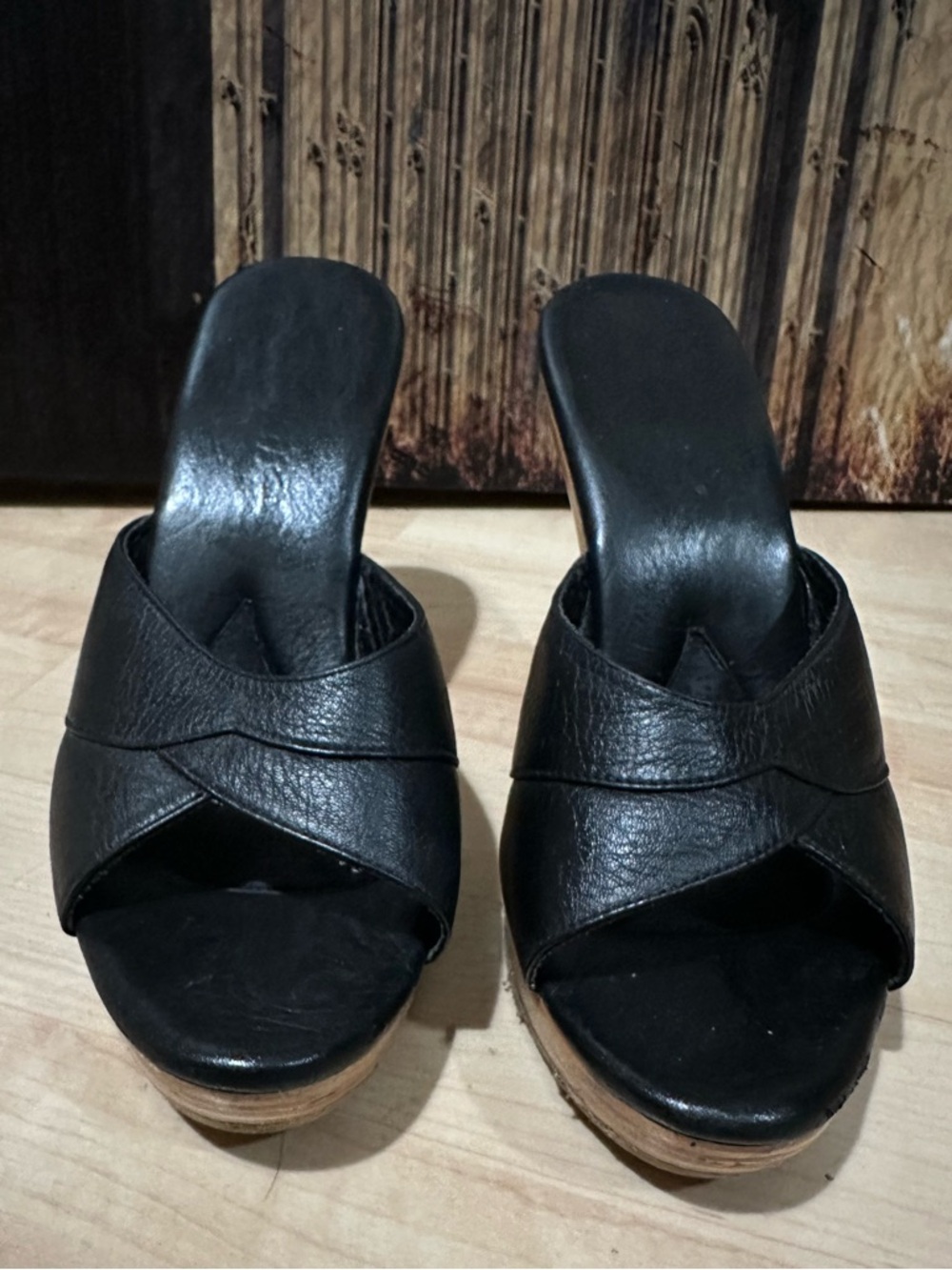 Re-Mix Hollywood Stilettos Black Leather Open-Toe Mule Heels - Picture 2 of 5